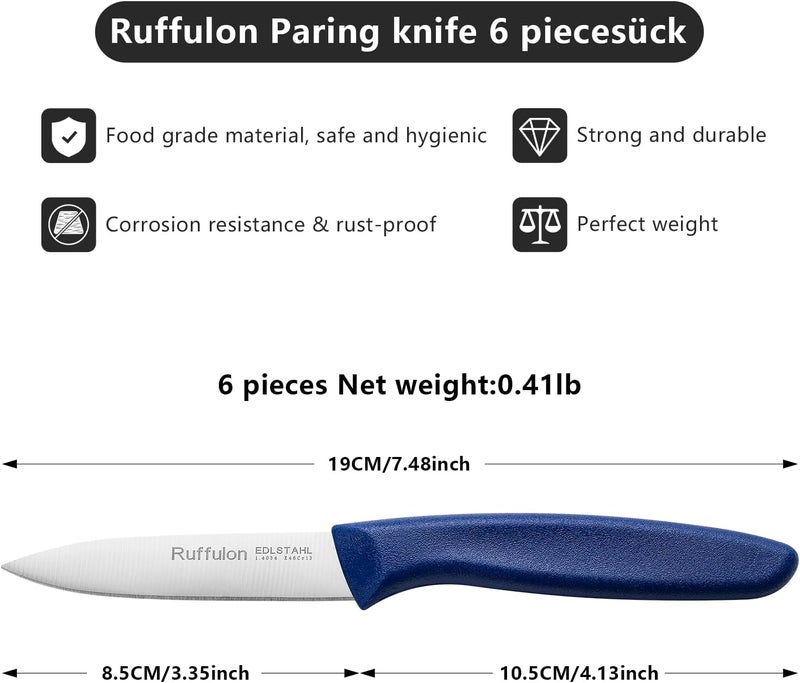 Ruffulon Paring Knife Fruit Knife Set (6 Pieces), Ultra Sharp Stainless Steel Vegetable and Fruit Knife with PP Plastic Ergonomic Handle for Cutting Fruits and Vegetables,Blue - Image 2